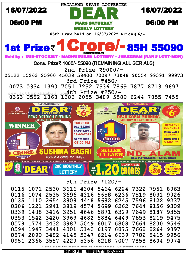 Nagaland lottery sambad 6 PM Result on 16.7.2022