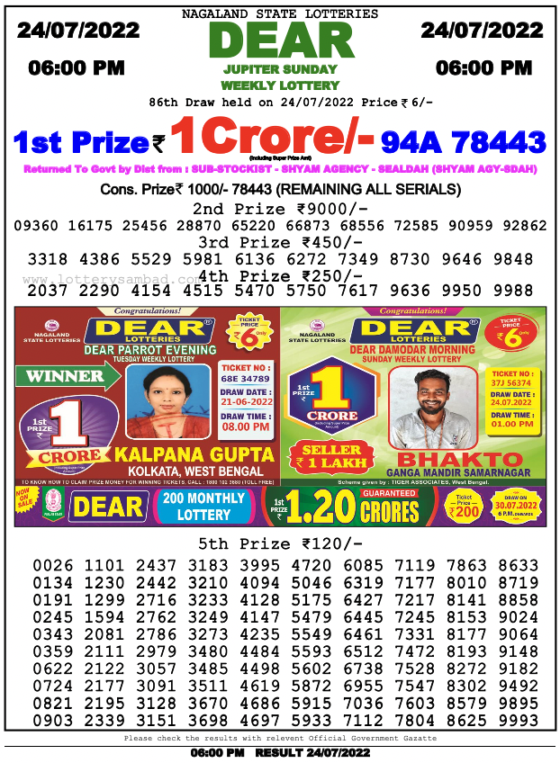Nagaland Lottery Sambad 6 Pm Result On 24.7.2022