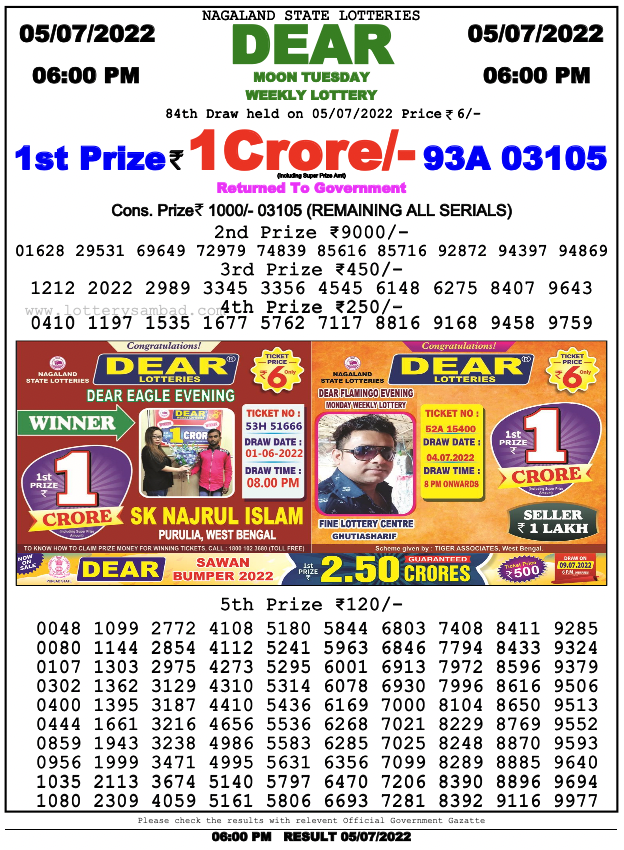 Nagaland lottery sambad 8 pm Result on 5.7.2022