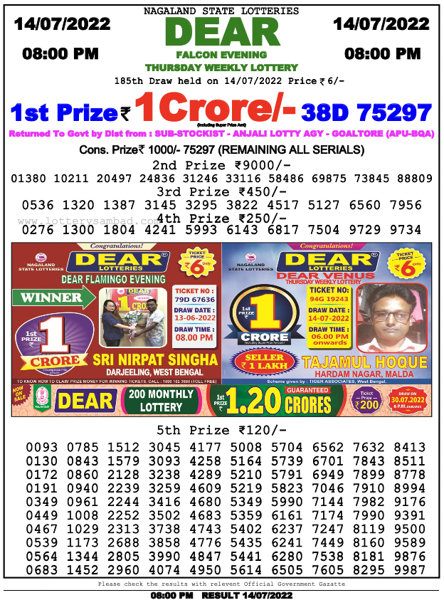 Nagaland lottery sambad 8 pm Result on 14.7.2022