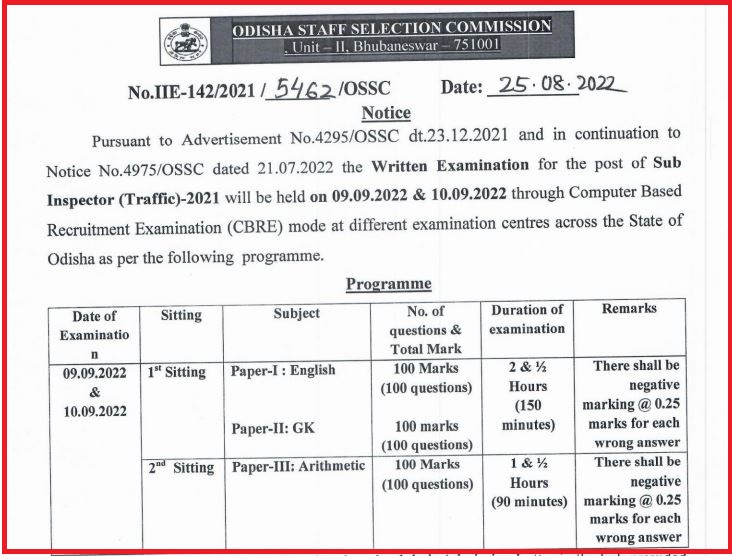 OSSC SI Traffic Exam Date 2022