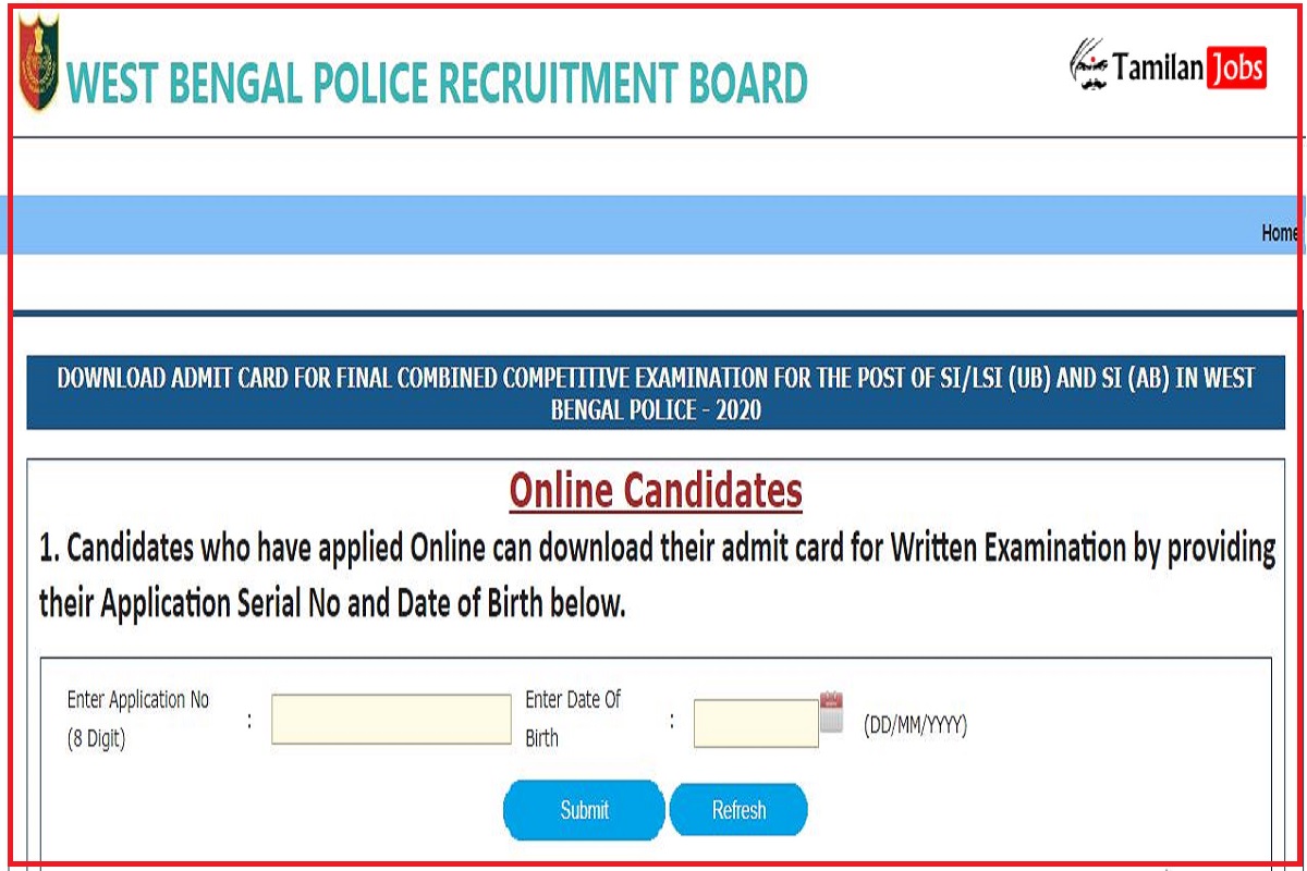 WB Police SI Final Exam 2022 Admit Card