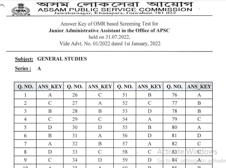 APSC Junior Administrative Assistant Answer Key 2022