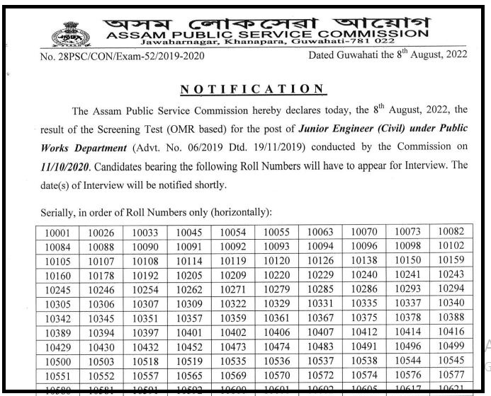 APSC Junior Engineer Revised Result 2022