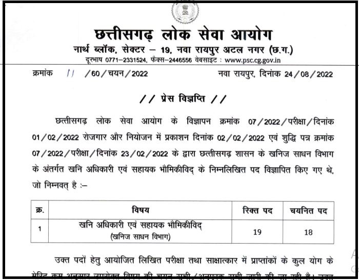 CGPSC Mining Officer Final Result 2022