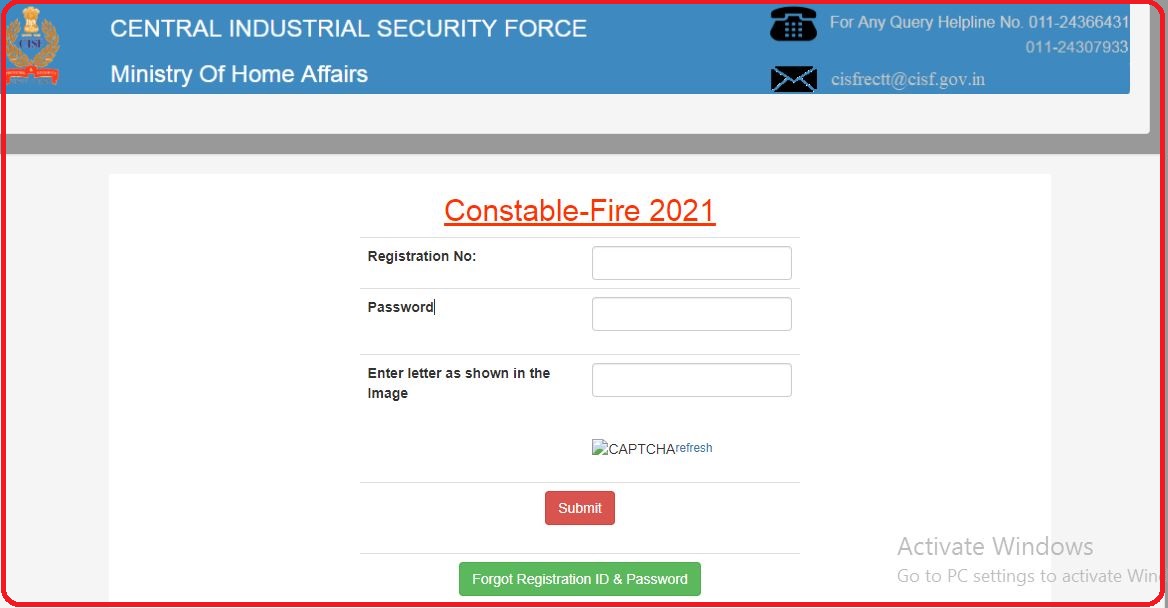 CISF Constable Fire Hall Ticket 2022