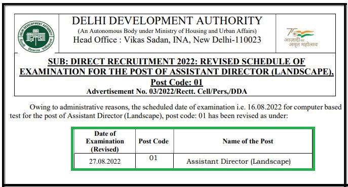 DDA Assistant Director Exam Date 2022 Out Check Revised Date Here