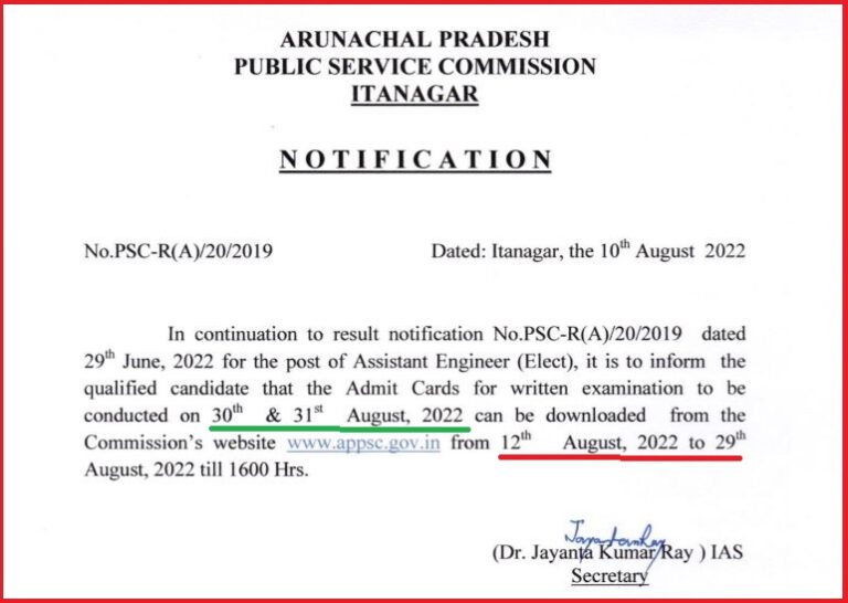 Arunachal Pradesh PSC Assistant Engineer Admit Card 2022 Out Download AE Electrical Exam Date @ appsc.gov.in