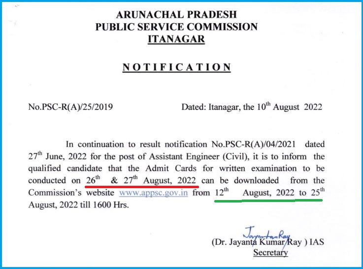 Arunachal Pradesh PSC AE Admit Card 2022 Out Download Assistant Engineer Civil Exam Date