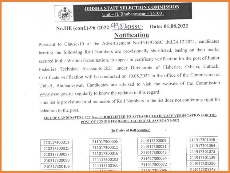 OSSC JFTA Result 2022 Declared Check Certification Verification Date Out Here