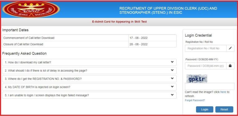 ESIC UDC, Stenographer Phase 3 Admit Card 2022 Released @ esic.nic.in Check Exam Date Here
