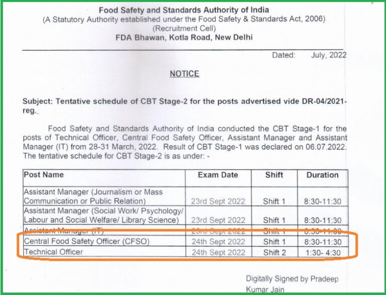 FSSAI CFSO, Technical Officer Exam Date 2022 Out Check CBT Stage 2 Time Here