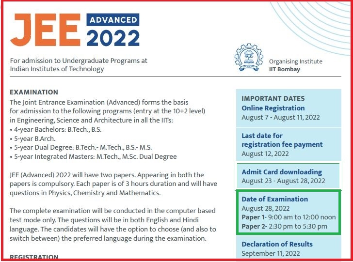 Jee Advance Admit Card 2022 Released Check Joint Entrance Exam Date @ Jeeadv.ac.in