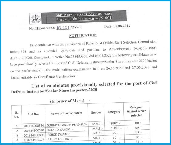 OSSC Civil Defence Instructor, Senior Store Inspector PMT Result 2022 Out Download Physical Test Results PDF Here