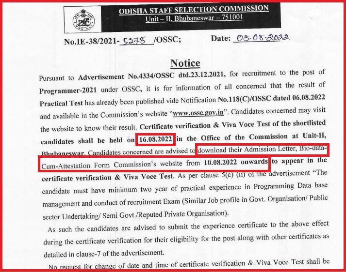 OSSC Programmer CV Date 2022 Out Check Odisha Viva Voce Date Here