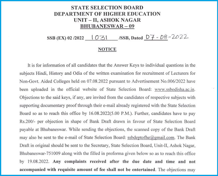 SSB Odisha Lecturer Answer Key 2022 Out Check Hindi & History Solutions Here Share Objections