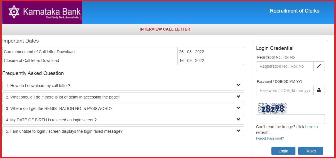 Karnataka Bank Clerk Interview Call Letter 2022