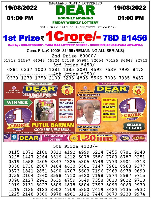 Lottery sambad 1 PM result on 19.8.2022
