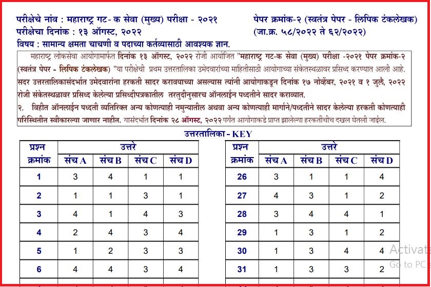 MPSC Group C Mains Answer Key 2022