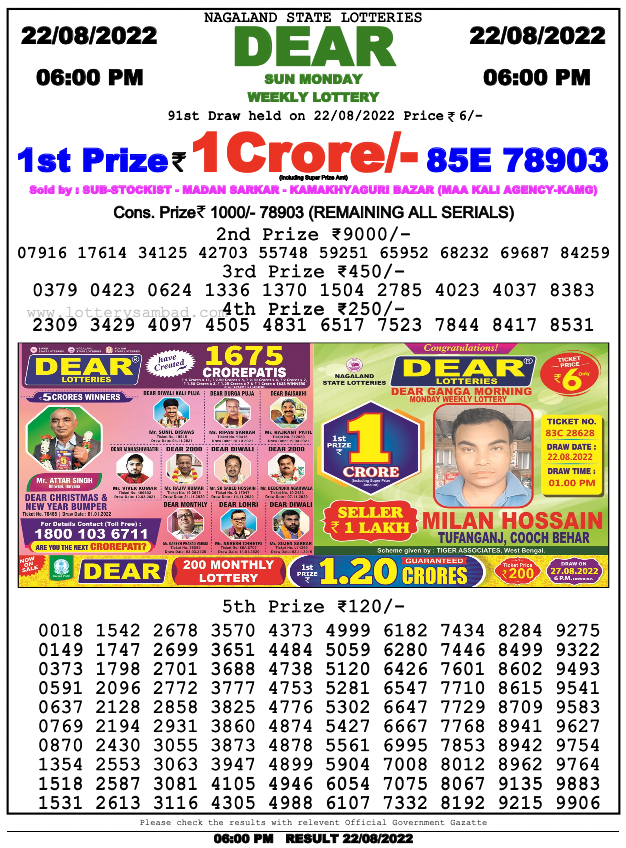 Nagaland lottery sambad 6 PM Result on 22.8.2022