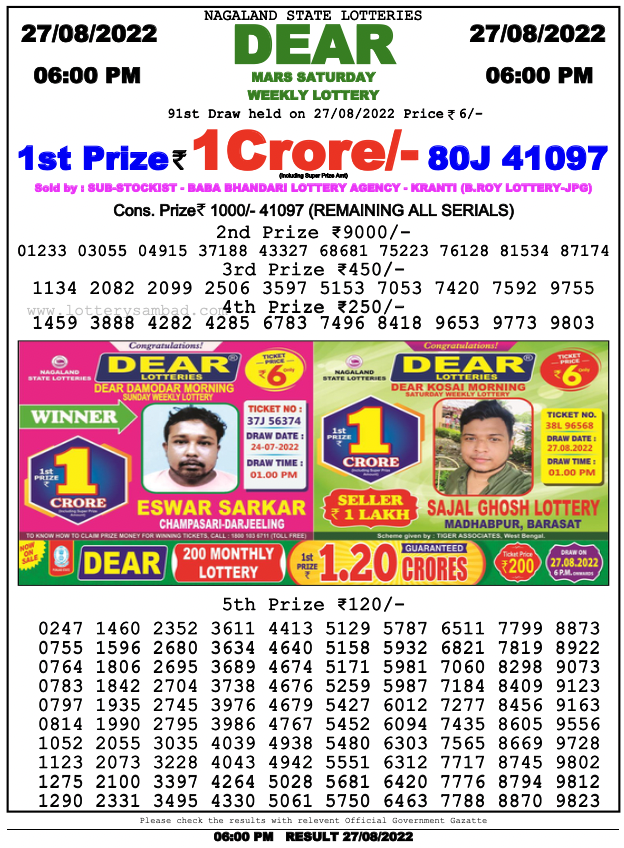 Nagaland lottery sambad 6 PM Result on 27.8.2022