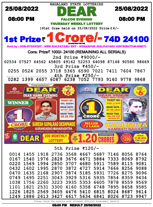 Nagaland Lottery Sambad 8 Pm Result On 25.8.2022 