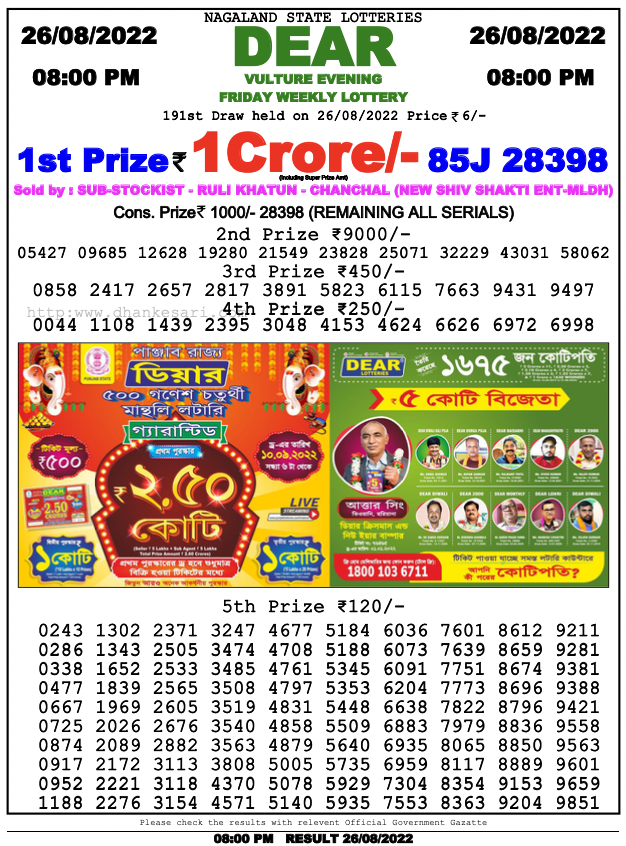 Nagaland lottery sambad 8 pm Result on 26.8.2022