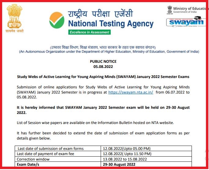 Swayam 2022 Date Sheet 2022