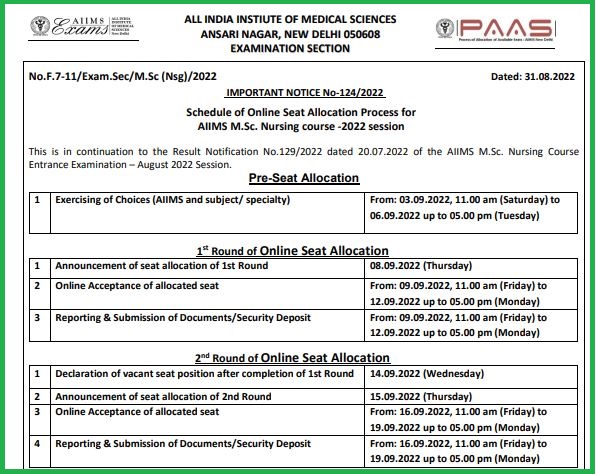 Aiims M.sc 1St Round Seat Allocation 2022