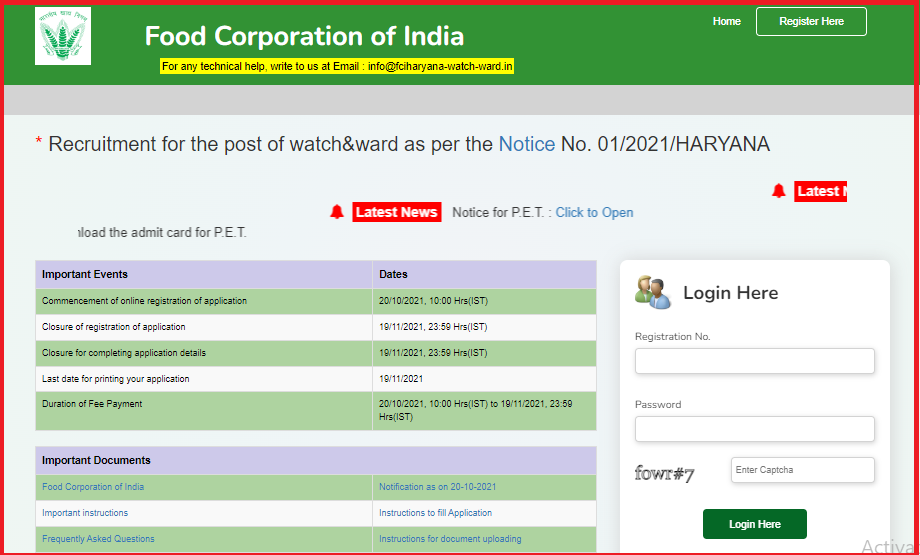 FCI Haryana Watchman PET Admit Card 2022