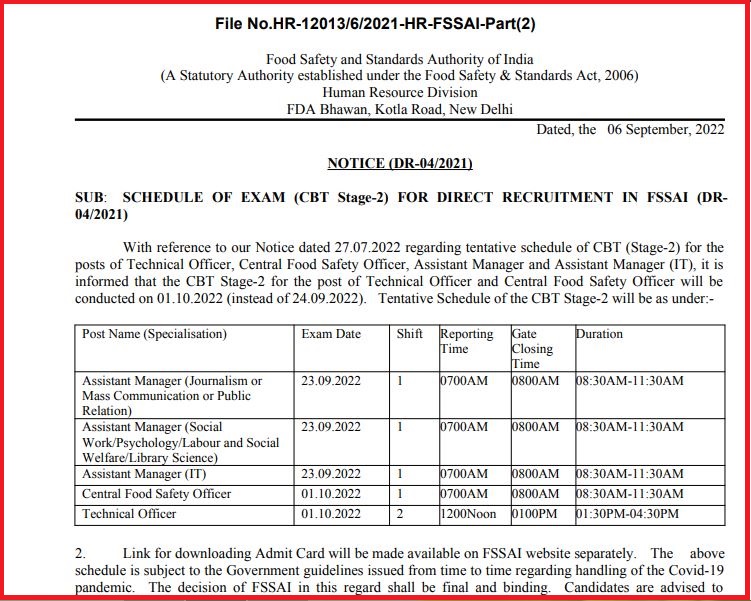 FSSAI Computer Based Test Stage 2 Schedule Date