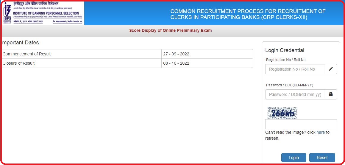 IBPS CRP Clerk Prelims Score Card 2022