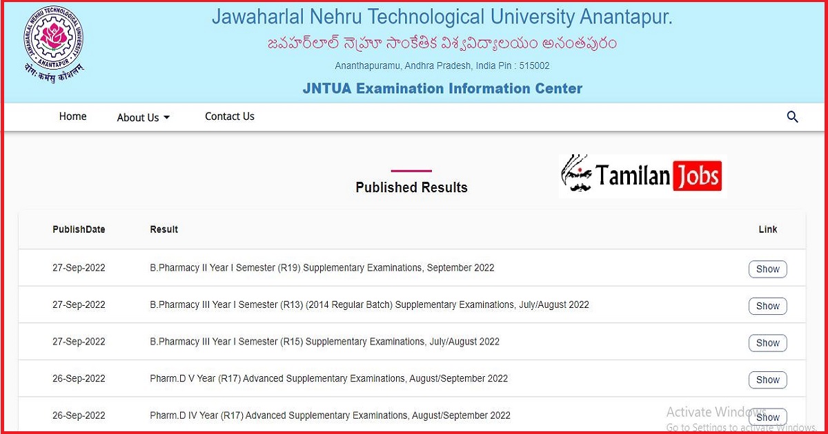 JNTUA B. Pharmacy Result 2022