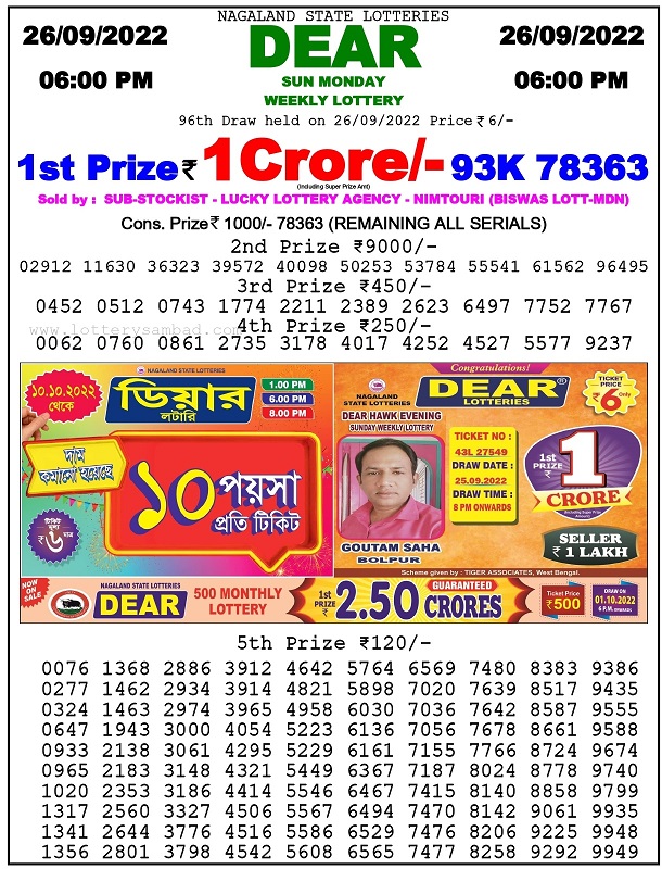 Lottery Sambad Today Result 6 PM on 26.9.2022