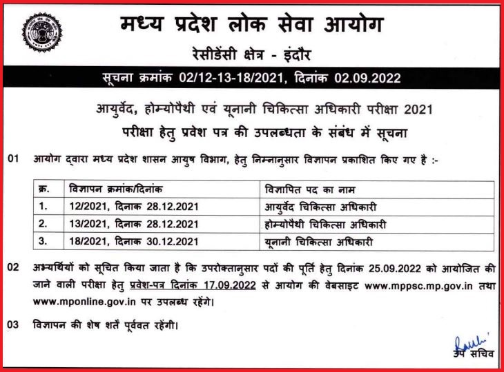 MPPSC HMO Admit Card 2022 Date Out Notice
