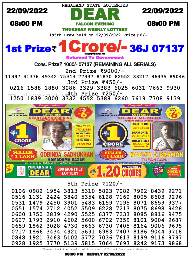 Nagaland lottery sambad 8 pm Result on 22.9.2022