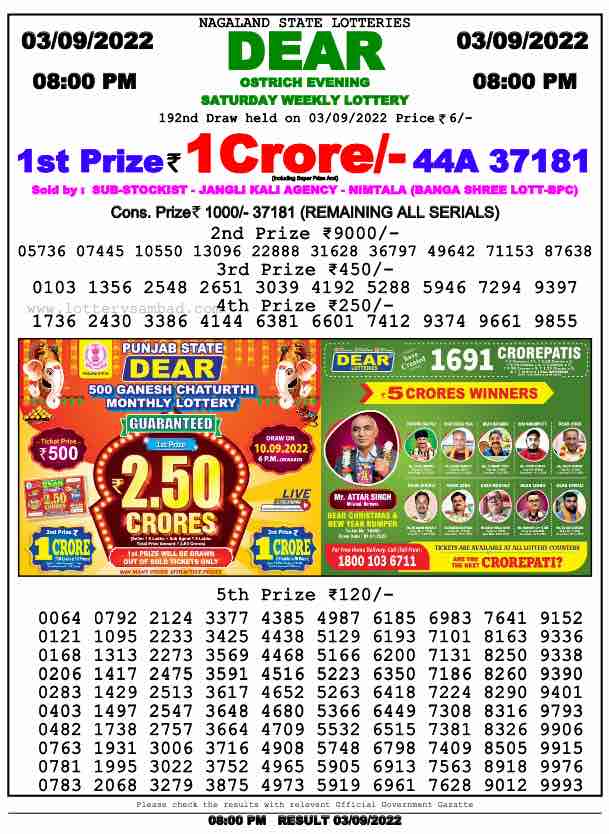 Nagaland lottery sambad 8 pm Result on 3.9.2022