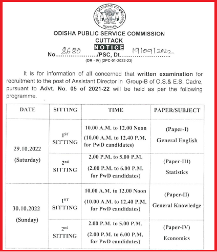 OPSC Assistant Director Group B Exam Notice 