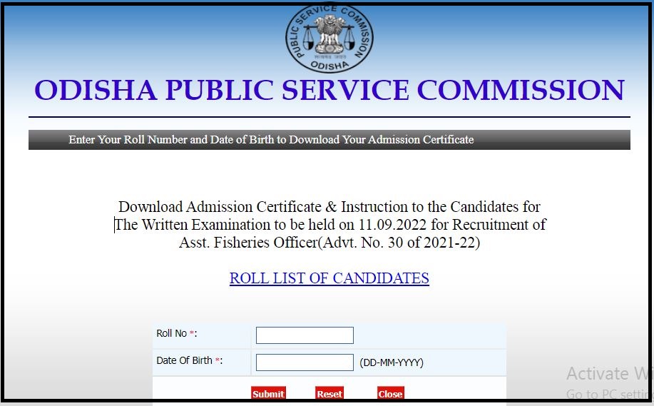 OPSC Assistant Fisheries Officer Admit Card 2022