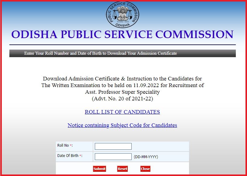 OPSC Assistant Professor Admit Card 2022