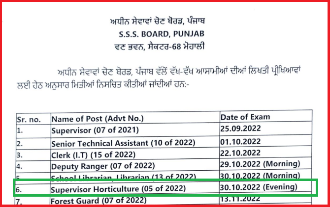 PSSSB Supervisor Horticulture Exam Date 2022