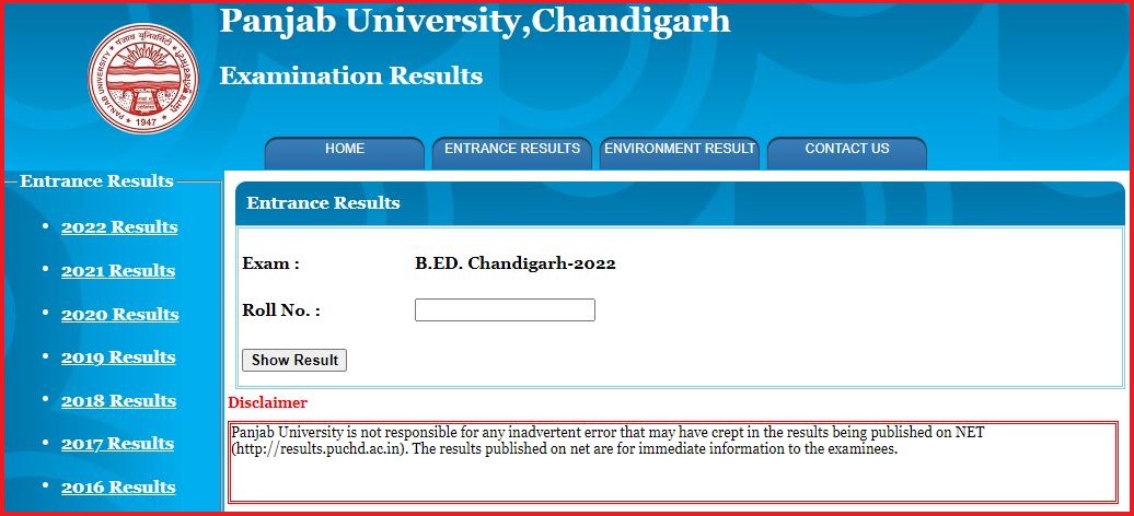 PU B.Ed. Entrance Result 2022