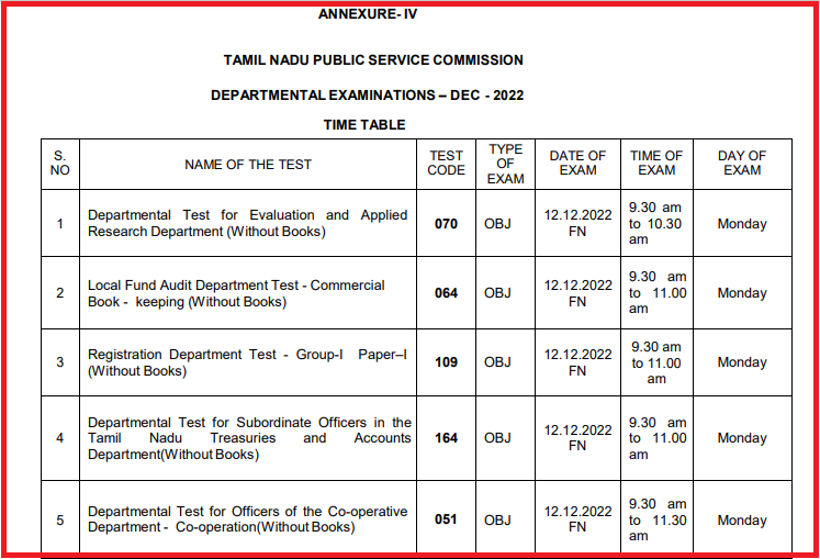 TNPSC DEPARTMENTAL EXAMINATIONS – DEC - 2022 Notice