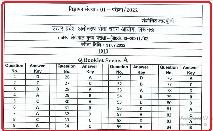 UPSSSC Chakbandi Lekhpal Answer Key 2022