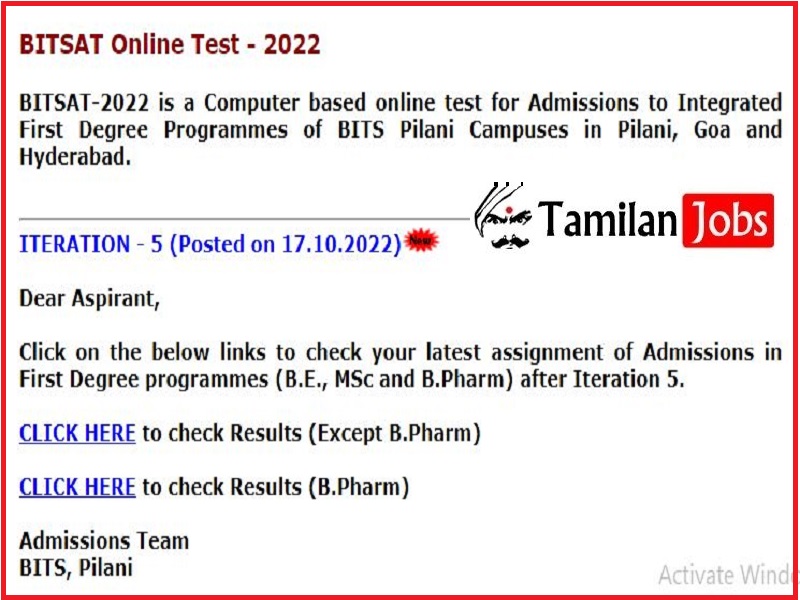 BITSAT 5th Iteration Result 2022