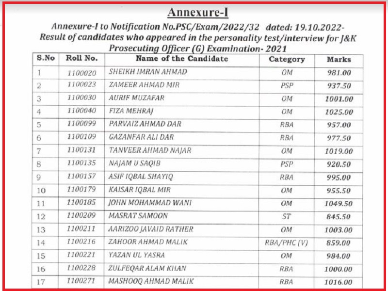 JKPSC Prosecuting Officer Interview Result