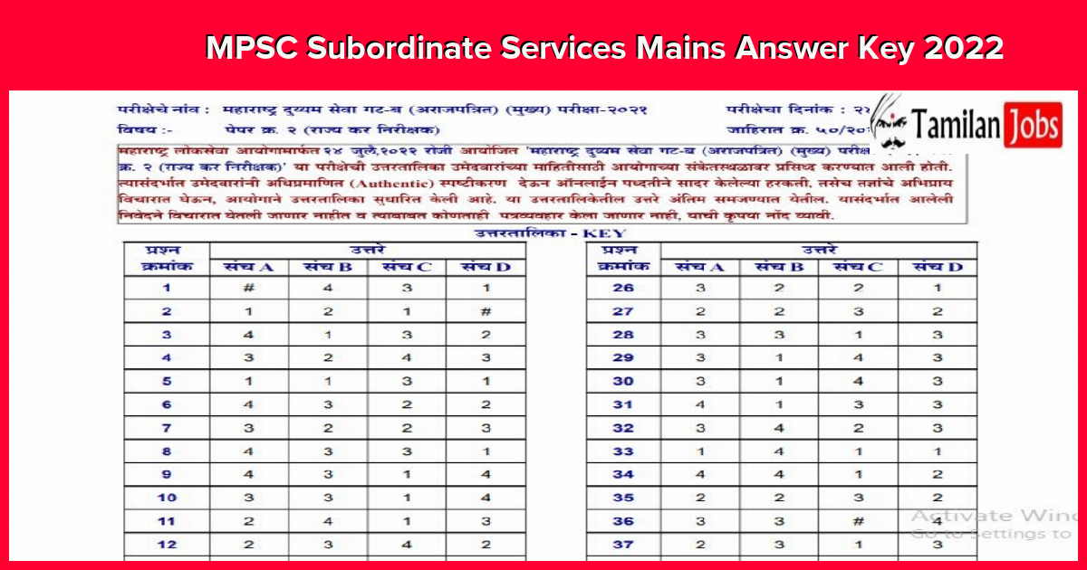 MPSC Subordinate Services Mains Answer Key 2022