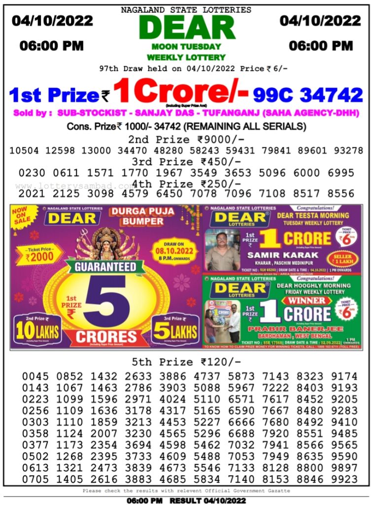 Nagaland lottery sambad 6 PM Result on 4.10.2022