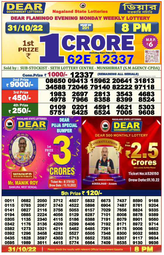 Nagaland lottery sambad 8 pm Result on 31.10.2022