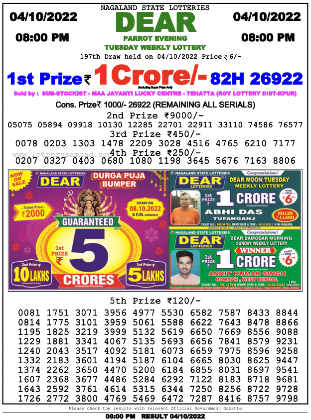 Nagaland lottery sambad 8 pm Result on 4.10.2022